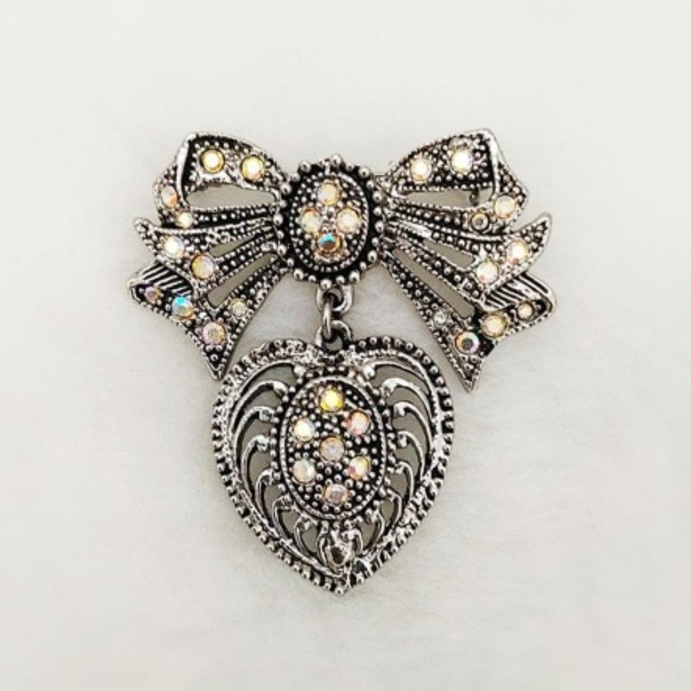 Victorian Style Pin Brooch Bow.Heart Crystal 1.8"